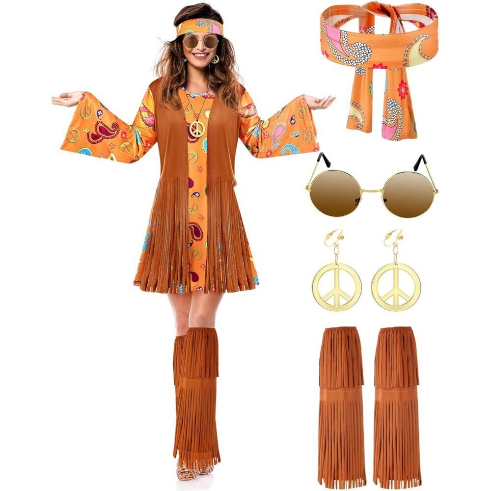 70s Hippie Costume Set for Women Polyester 6 Piece Retro Theme Party